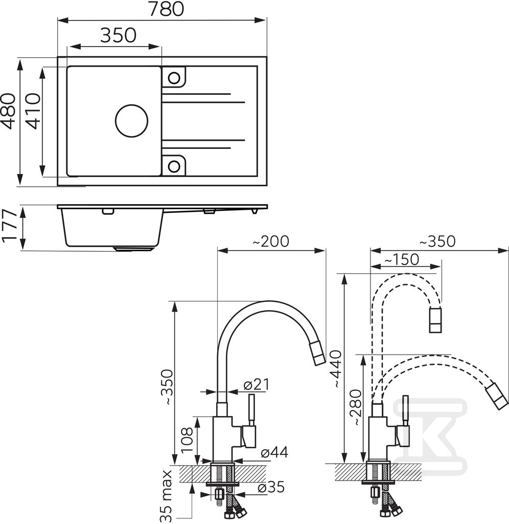 Zestaw zlewozmywak z baterią - DRGM48/78GA-SET1-PL